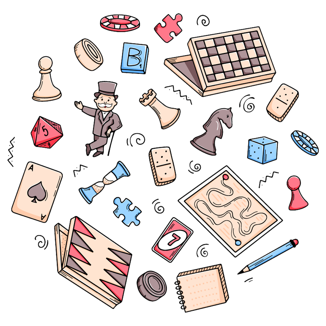 illustration of a variety of game pieces like chess, Monopoly, Uno, Dungeons and Dragons, and more