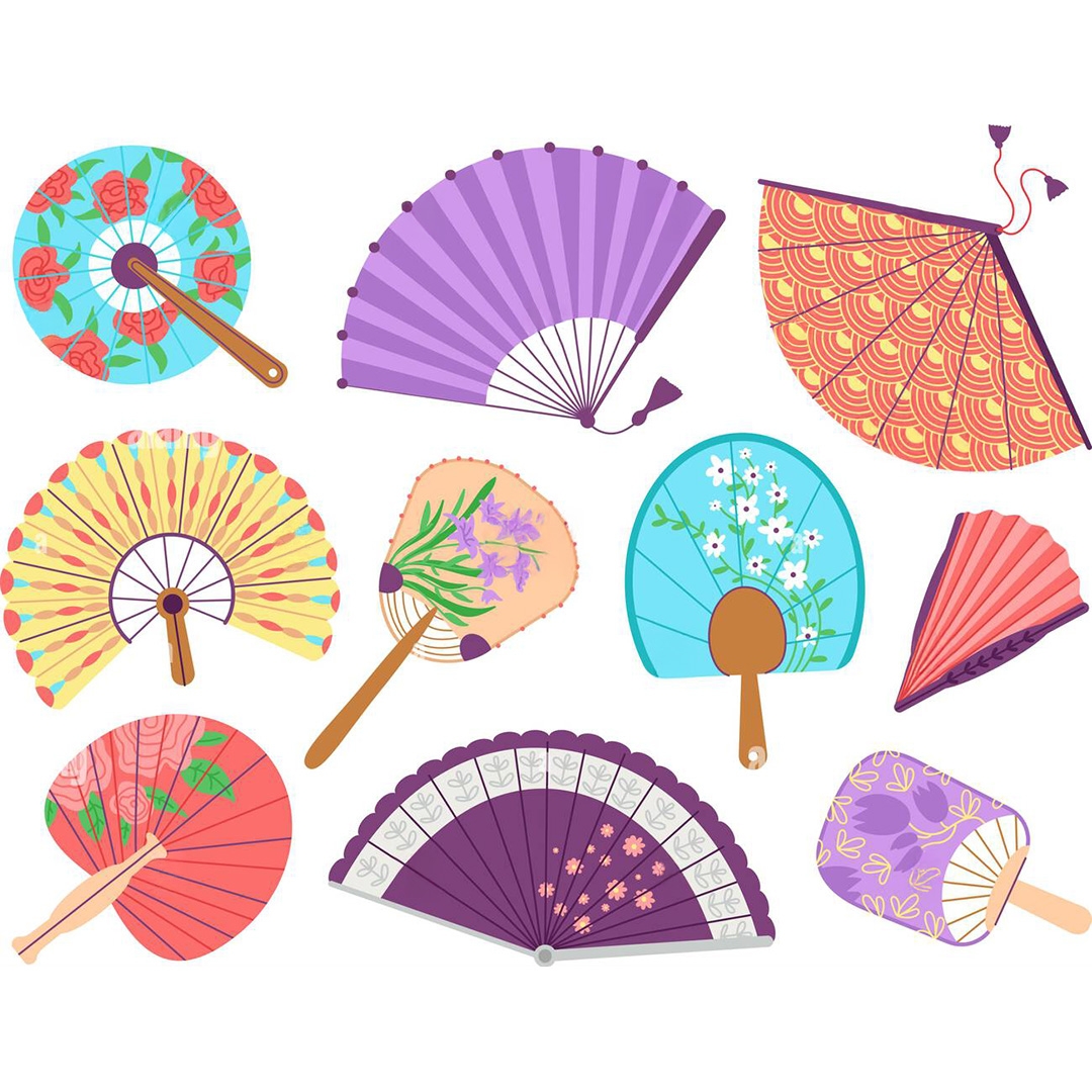 assortment of colorful handheld paper fans