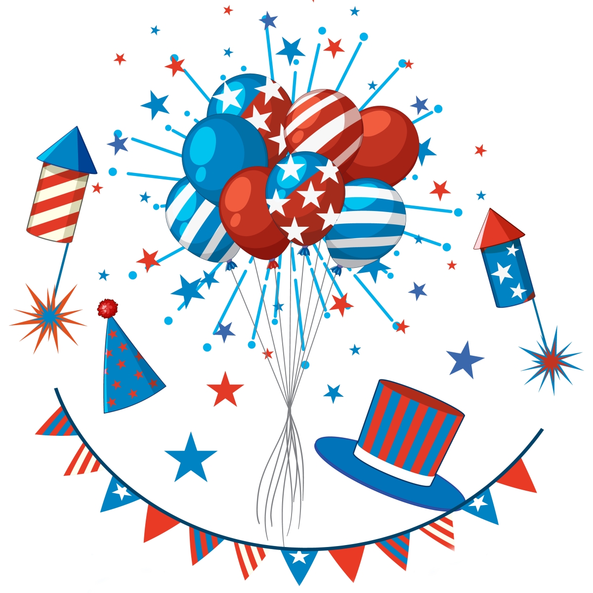 red, white and blue balloons, firecrackers, party hats, and party decorations