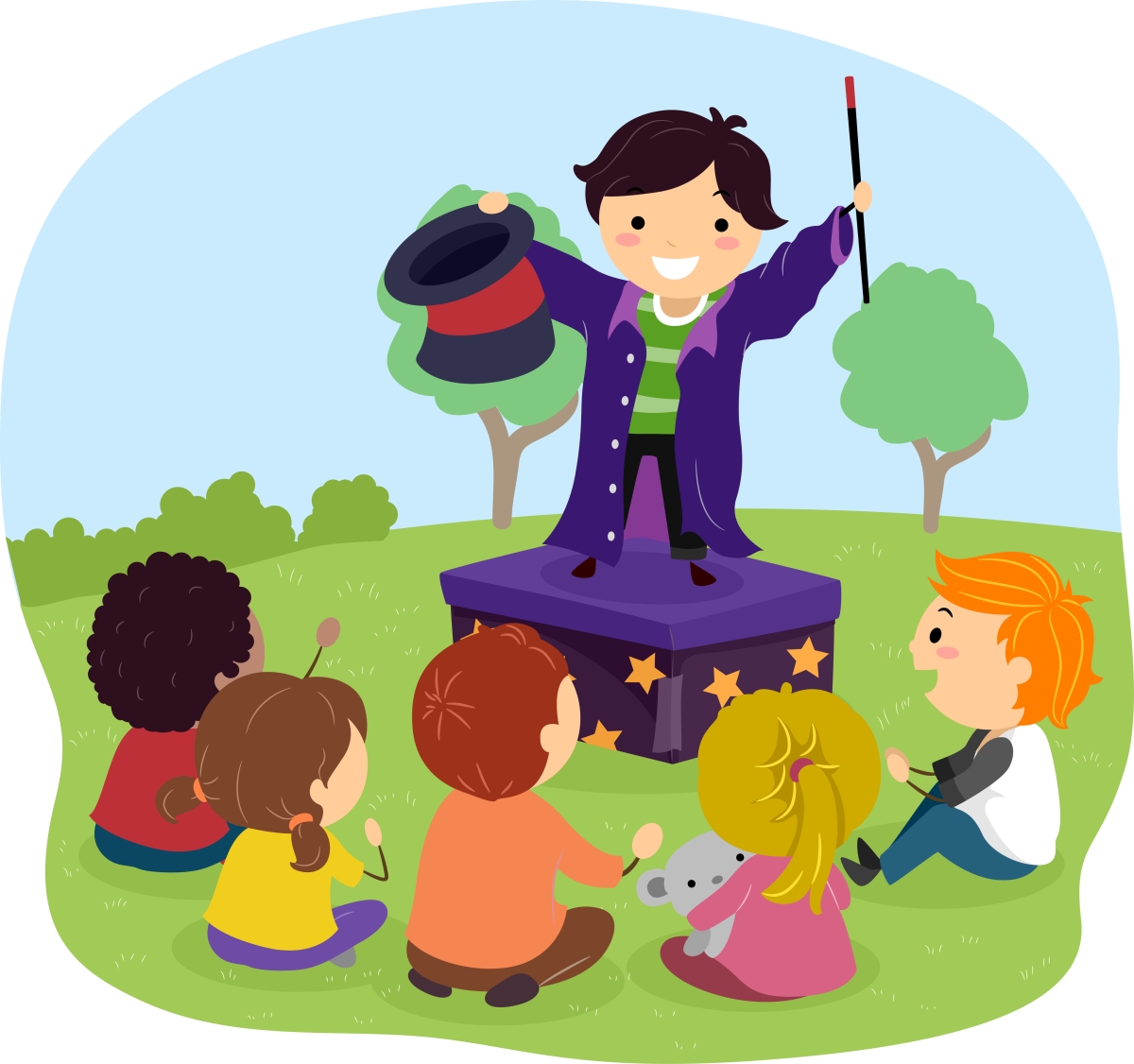 illustration of a child putting on a magic show for a group of children sitting in the gras