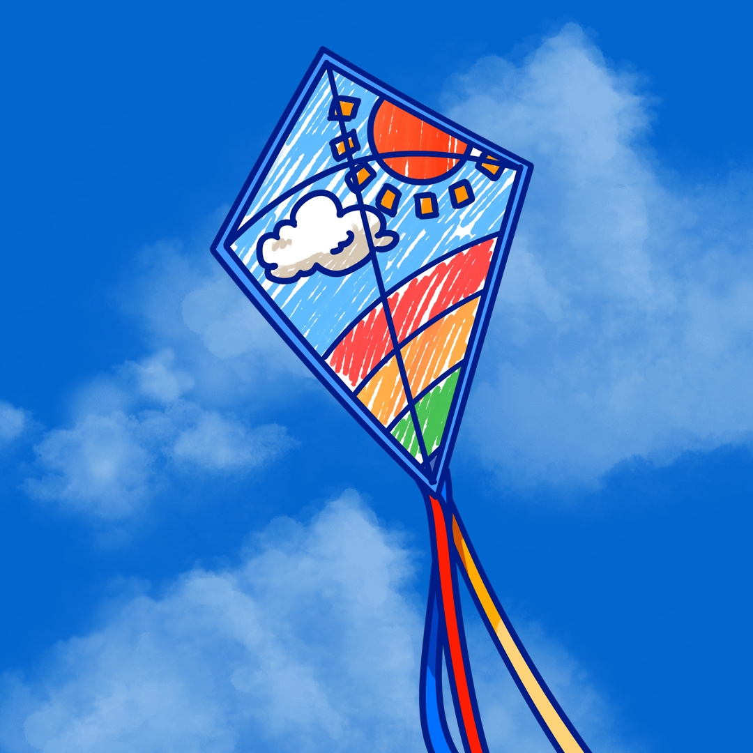 child's illustration of a rainbow colored kite against a blue sky with light clouds