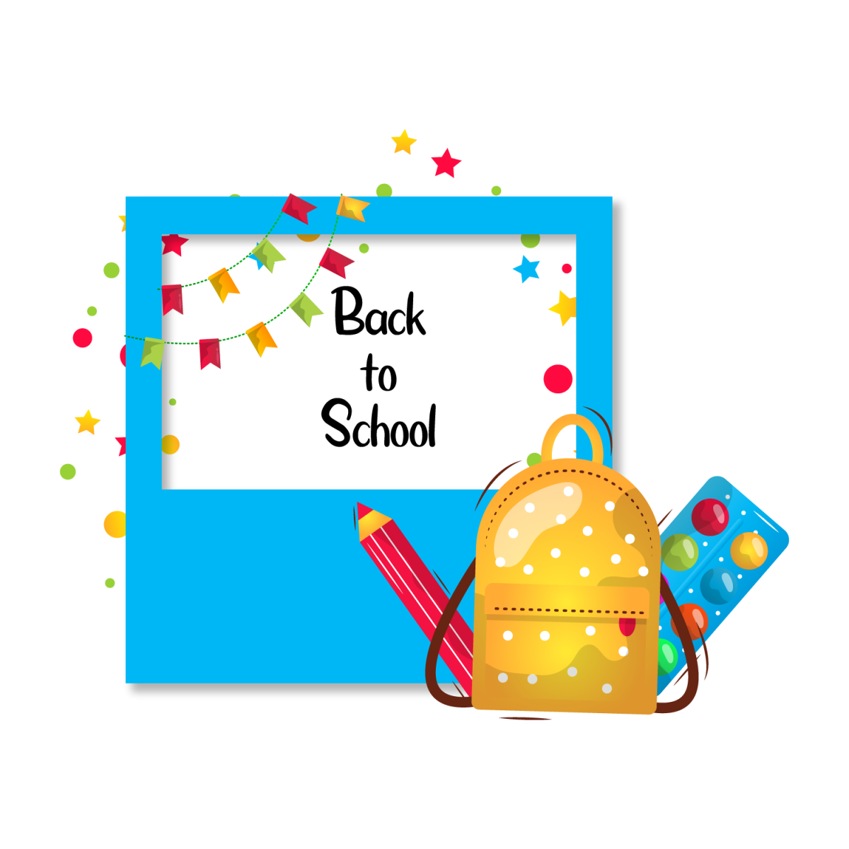 blue frame with colorful party decorations over it and a yellow backpack in the bottom corner