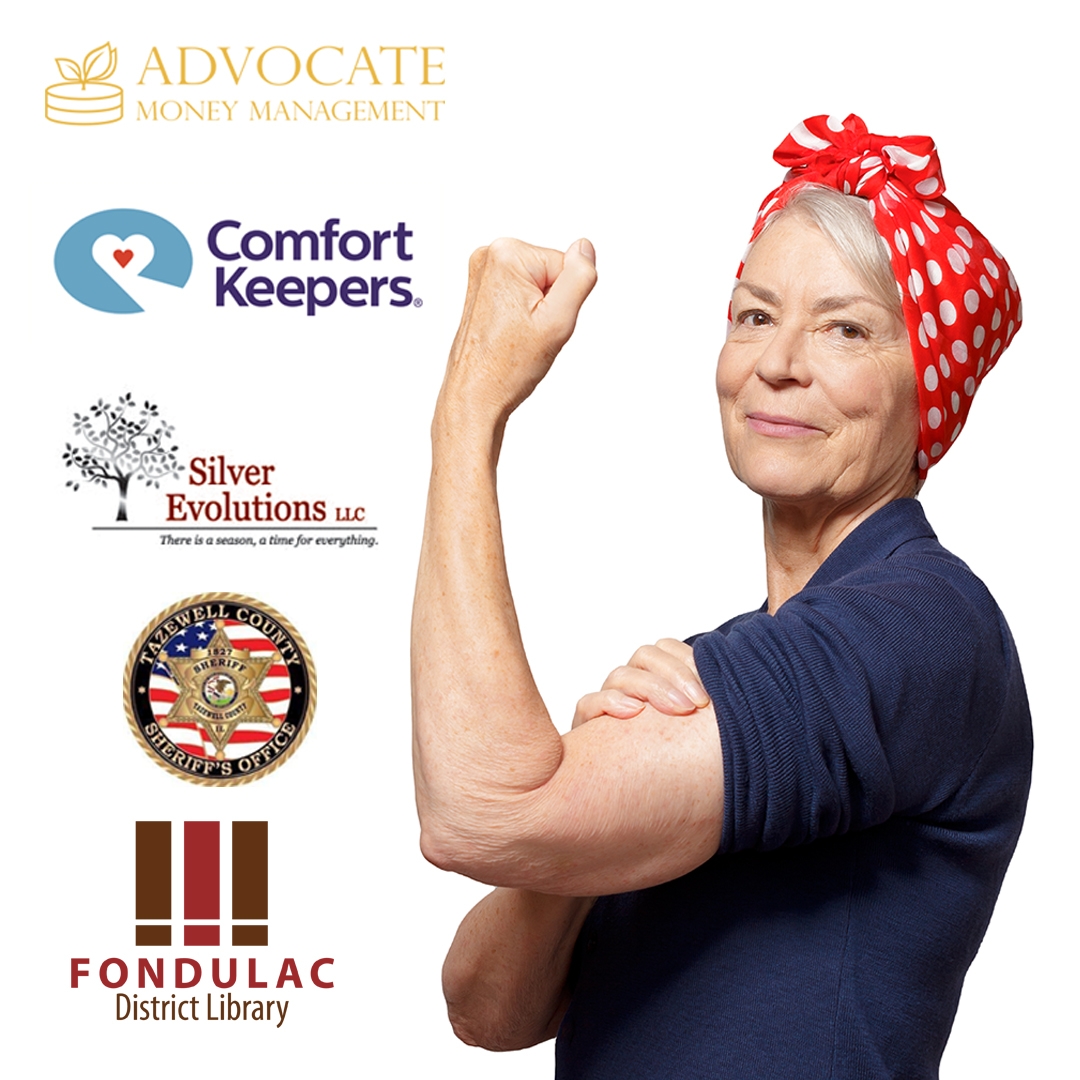 photo of an older woman dressed as Rosie the Riveter, with logos for participating organizations