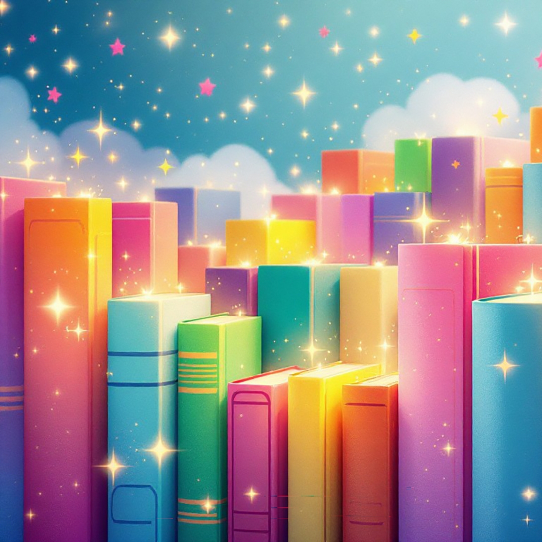 illustration of bright, multicolored books with clouds and colorful stars in the background