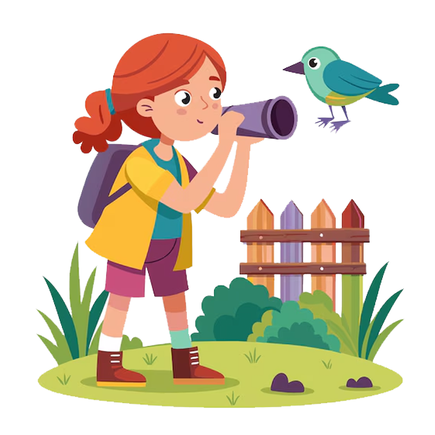 illustration of a young girl using binoculars to see a bird