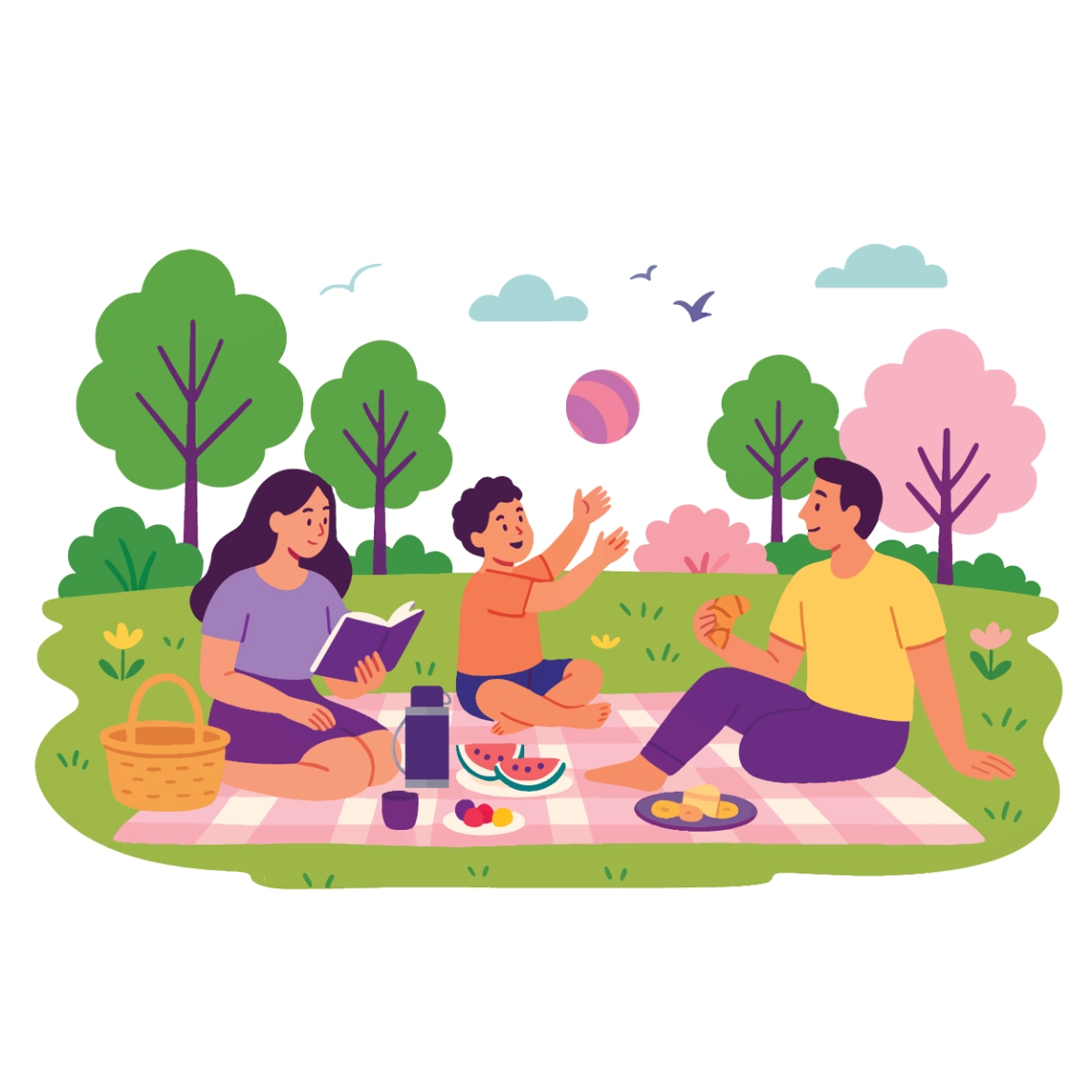 illustration of a family having a picnic, reading and playing