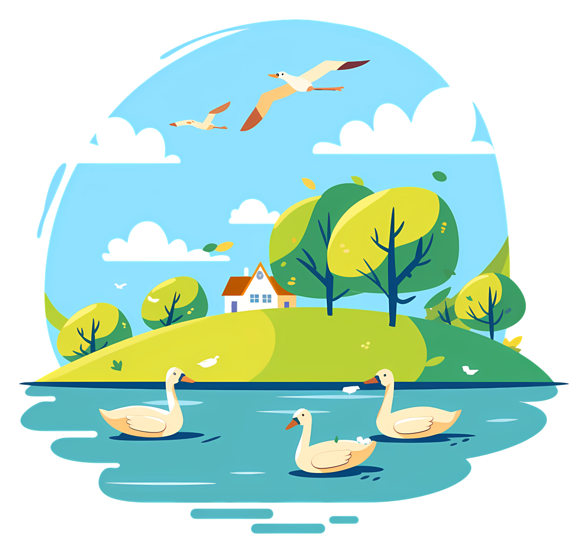 illustration of white geese and other water birds swimming in a lake and flying above