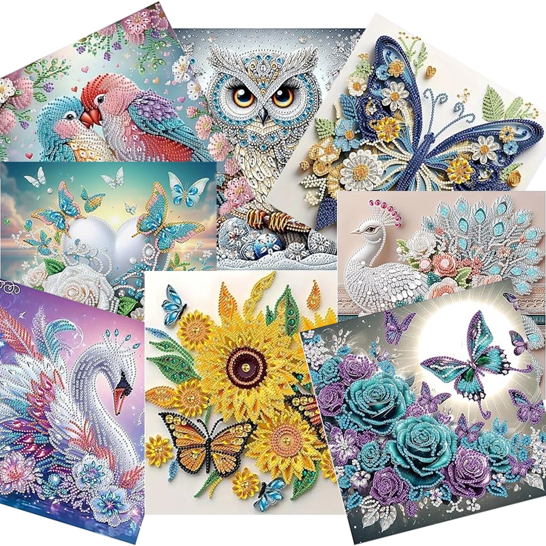 collage of 8 diamond art canvases depicted birds and butterflies
