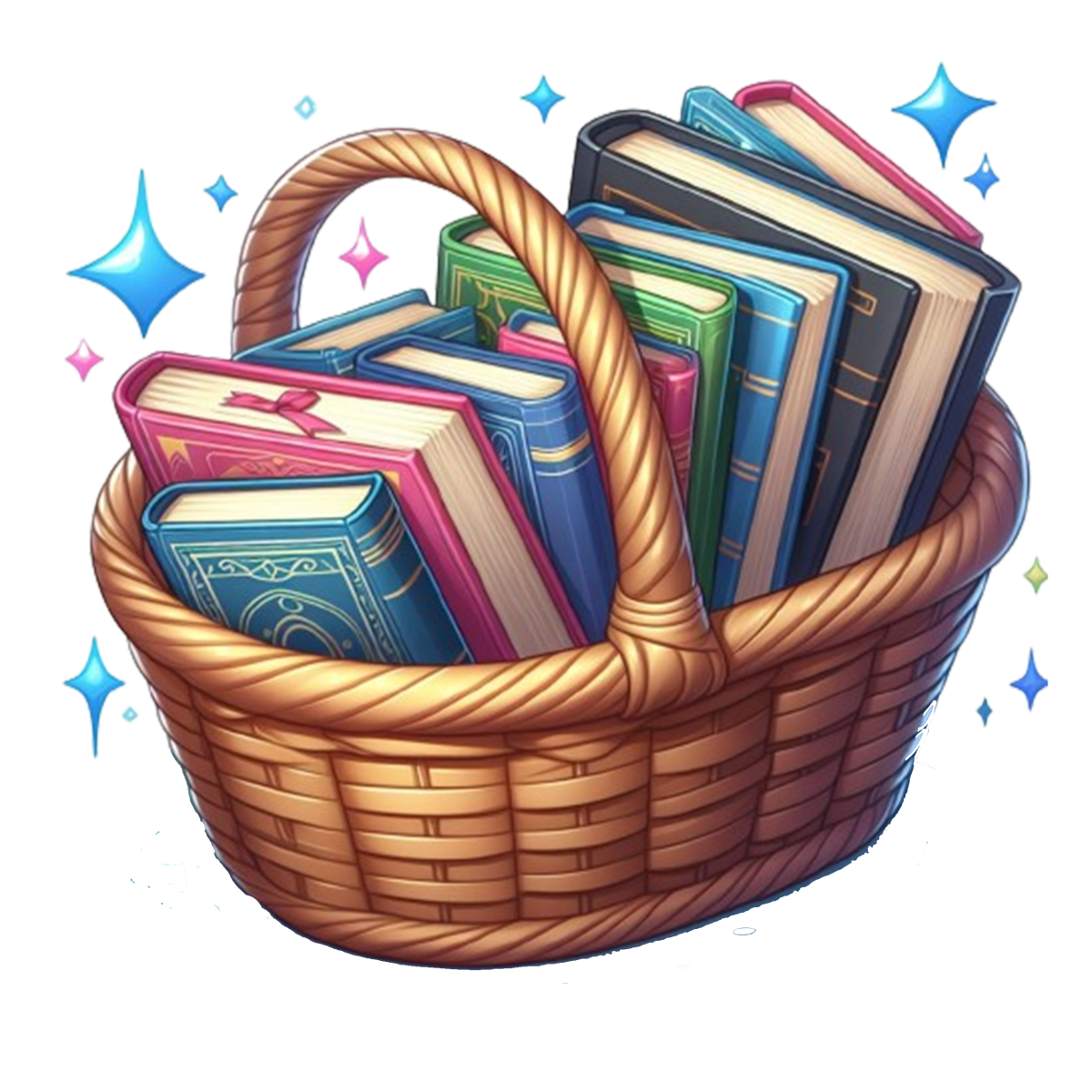 watercolor illustration of a picnic basket filled with books