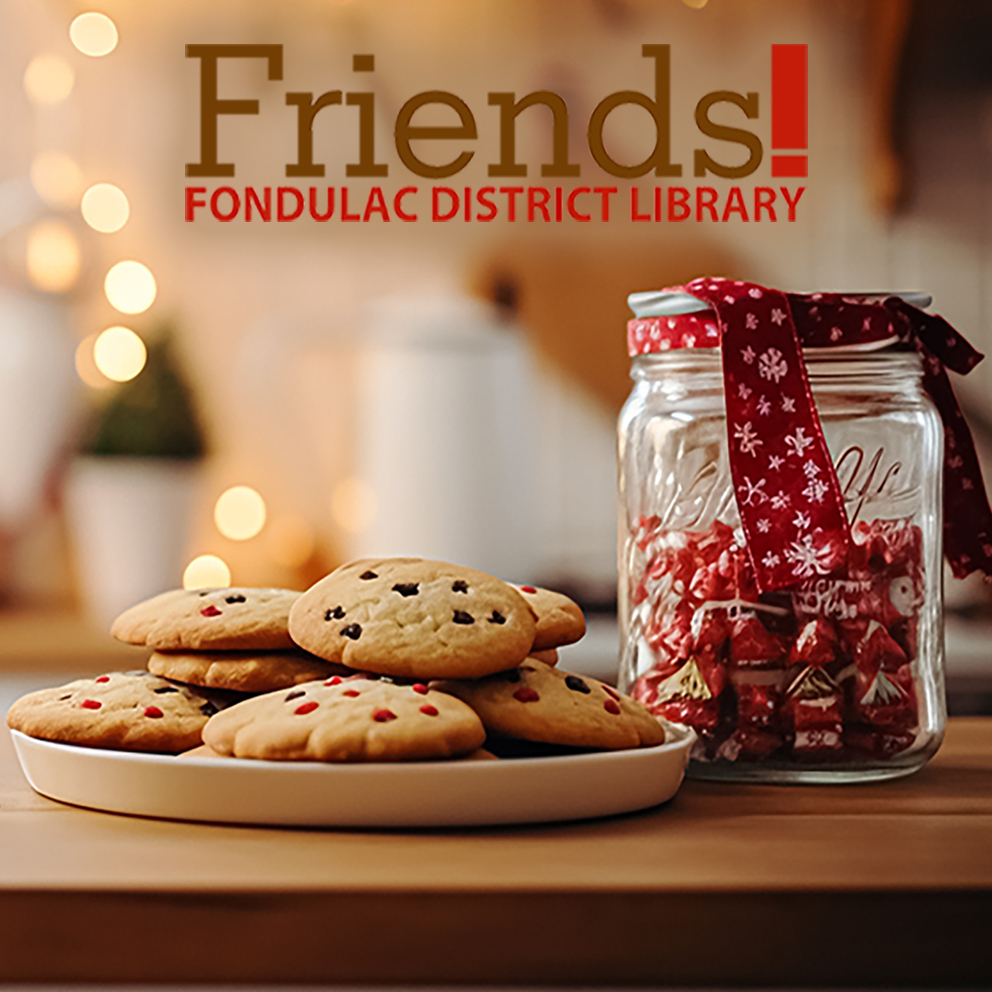photo of cookies on a plate next to a jar of red candy with Friends of Fondulac Library logo
