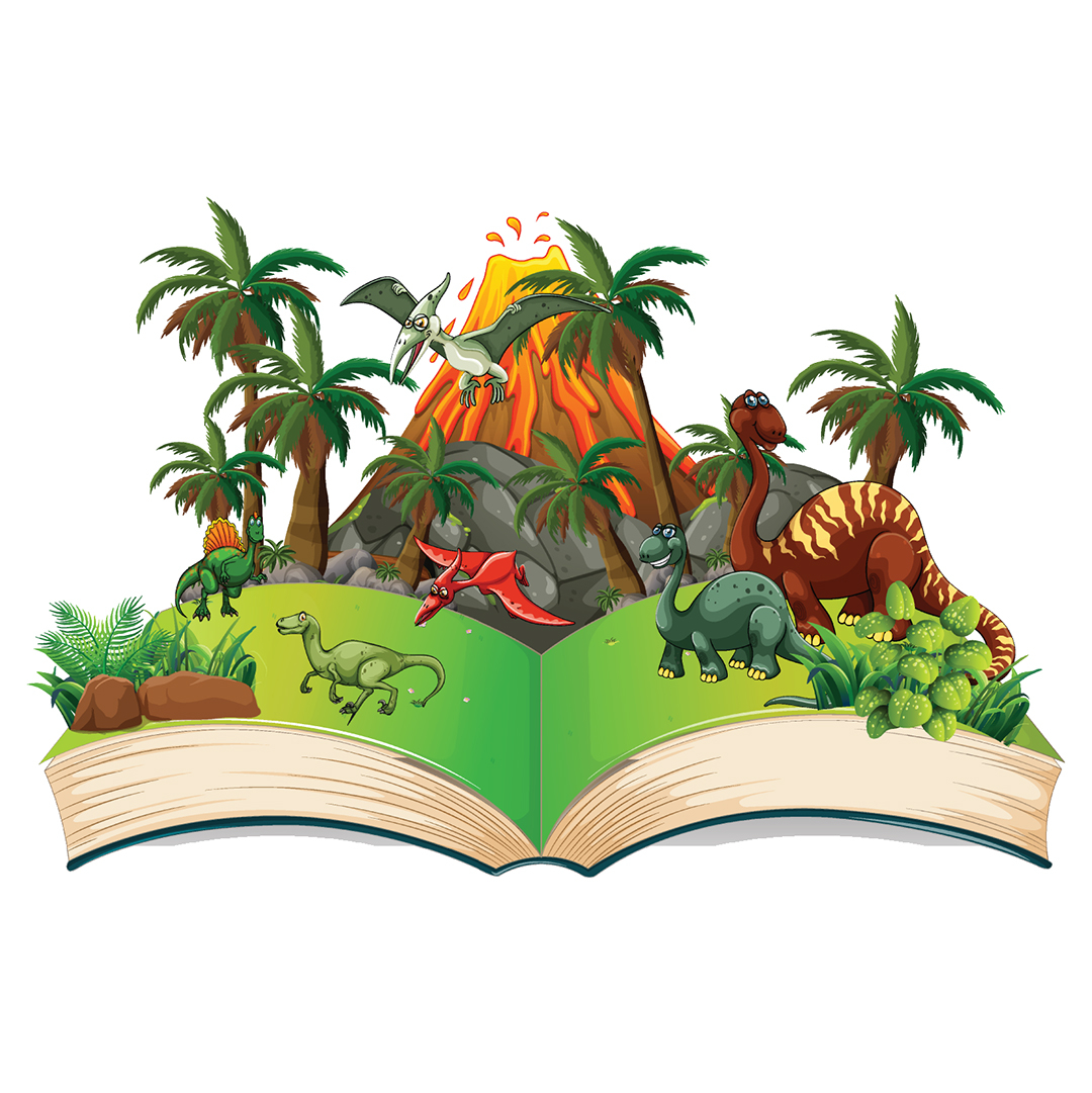 illustration of an open book with a prehistoric scene including dinosaurs, trees and volcanos