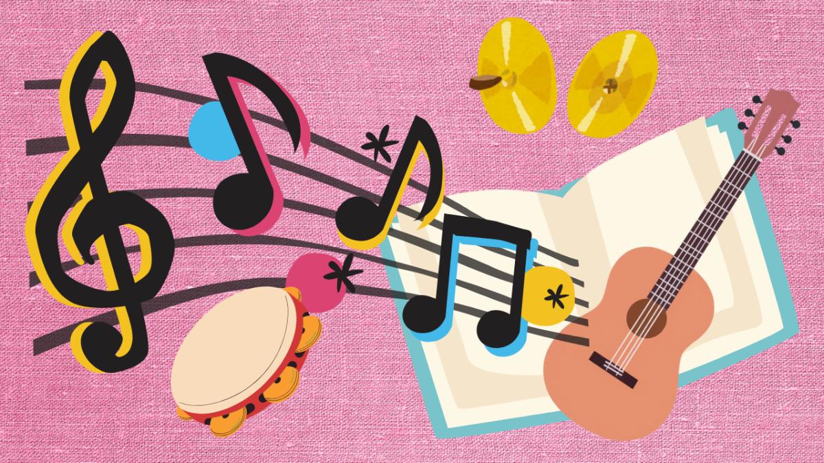 an illustration of a book and guitar with music notes, a tambourine, and a pair of cymbals