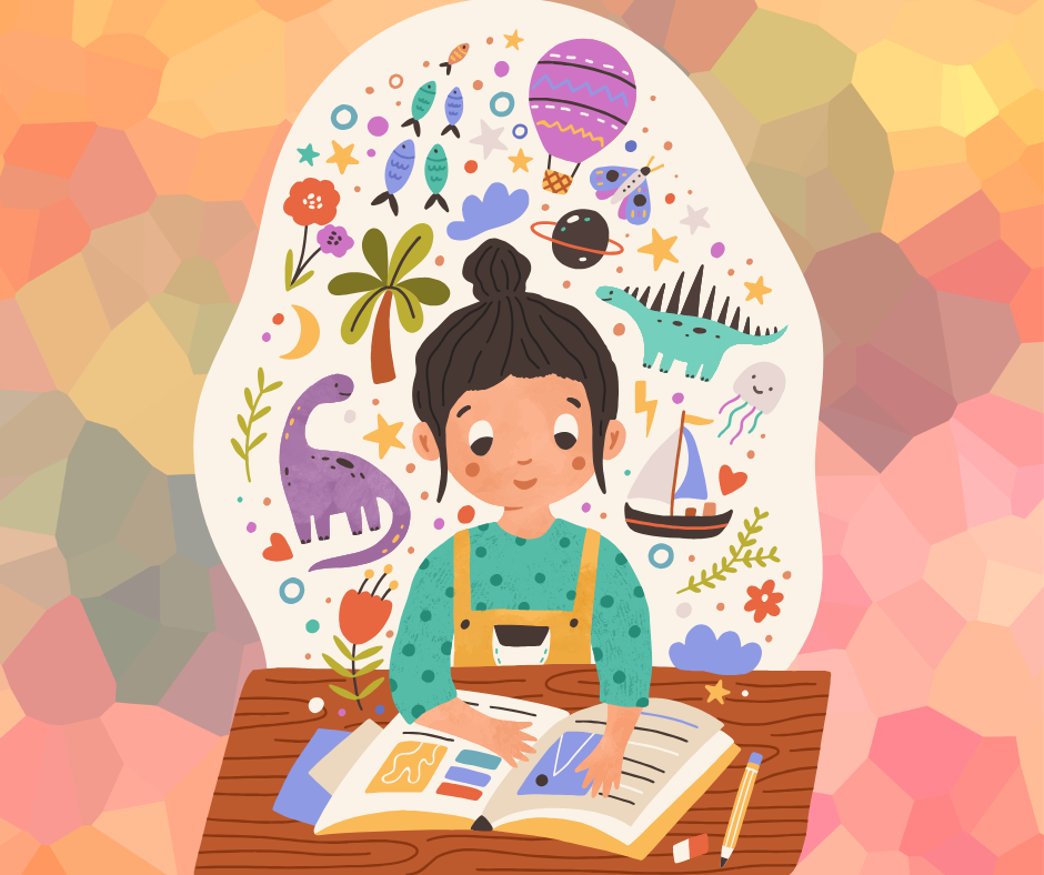 girl imagining all kinds of adventures while reading a book