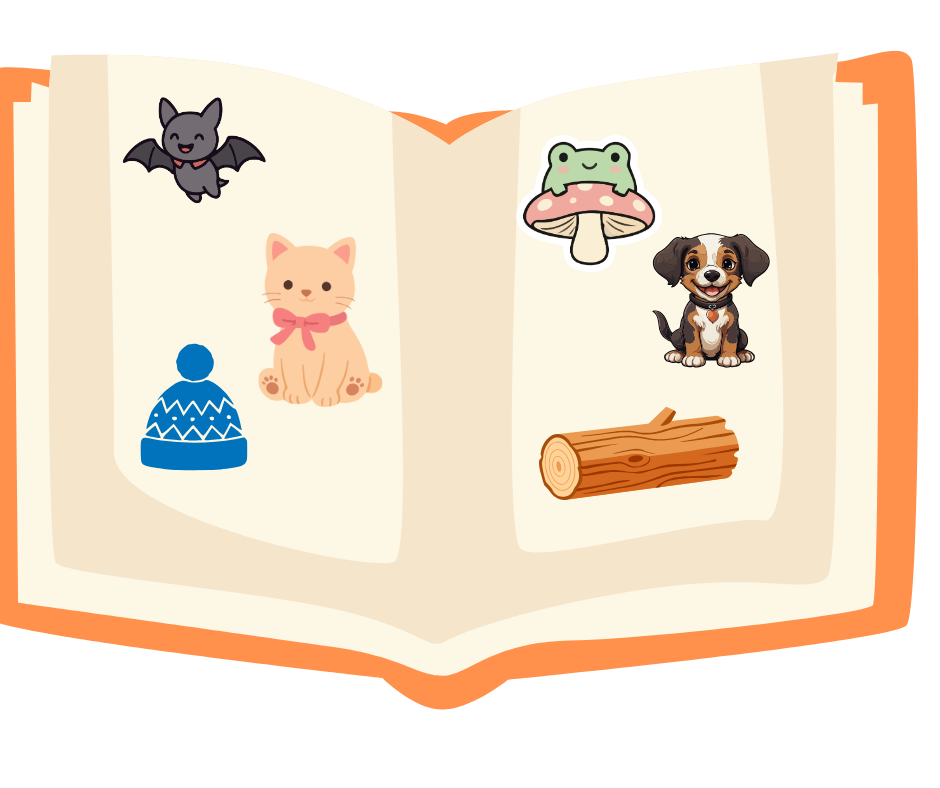 book with bat, cat, hat, and frog, dog, log