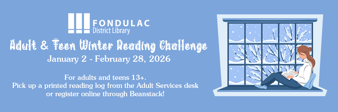 light blue background snowy font illustration of a young woman reading by a wintery window